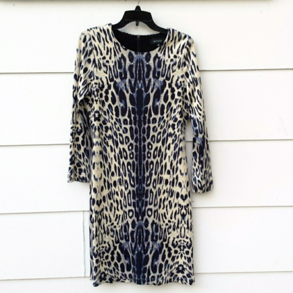 Karen Kane Long Sleeve Animal Print Sheath Dress in Navy and Cream